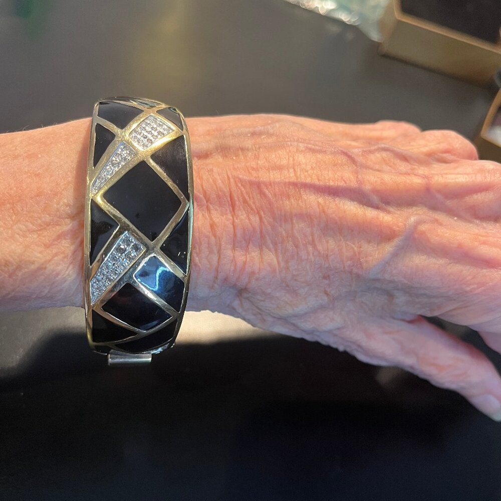 Vintage Panetta Black Enamel & Rhinestone Bracelet set in Gold Tone Metal